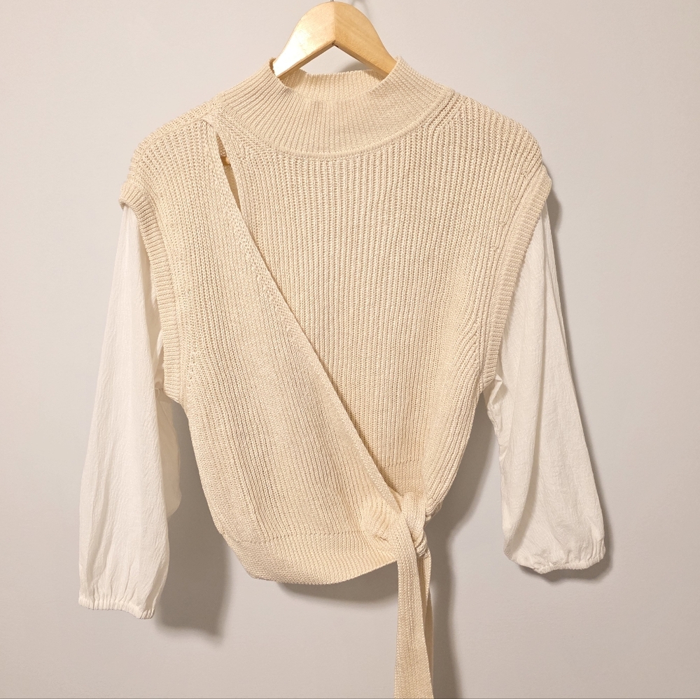 Jonathan Simkhai Mix Farbic Knit Wrap Sweater Beige White Size Women's Small